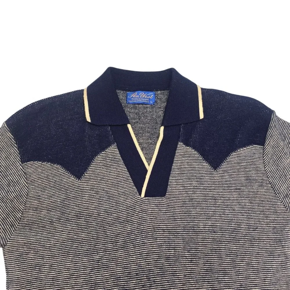 Pen West Pendleton Blue Striped Short Sleeve Western  Sweater Sz Large **READ**